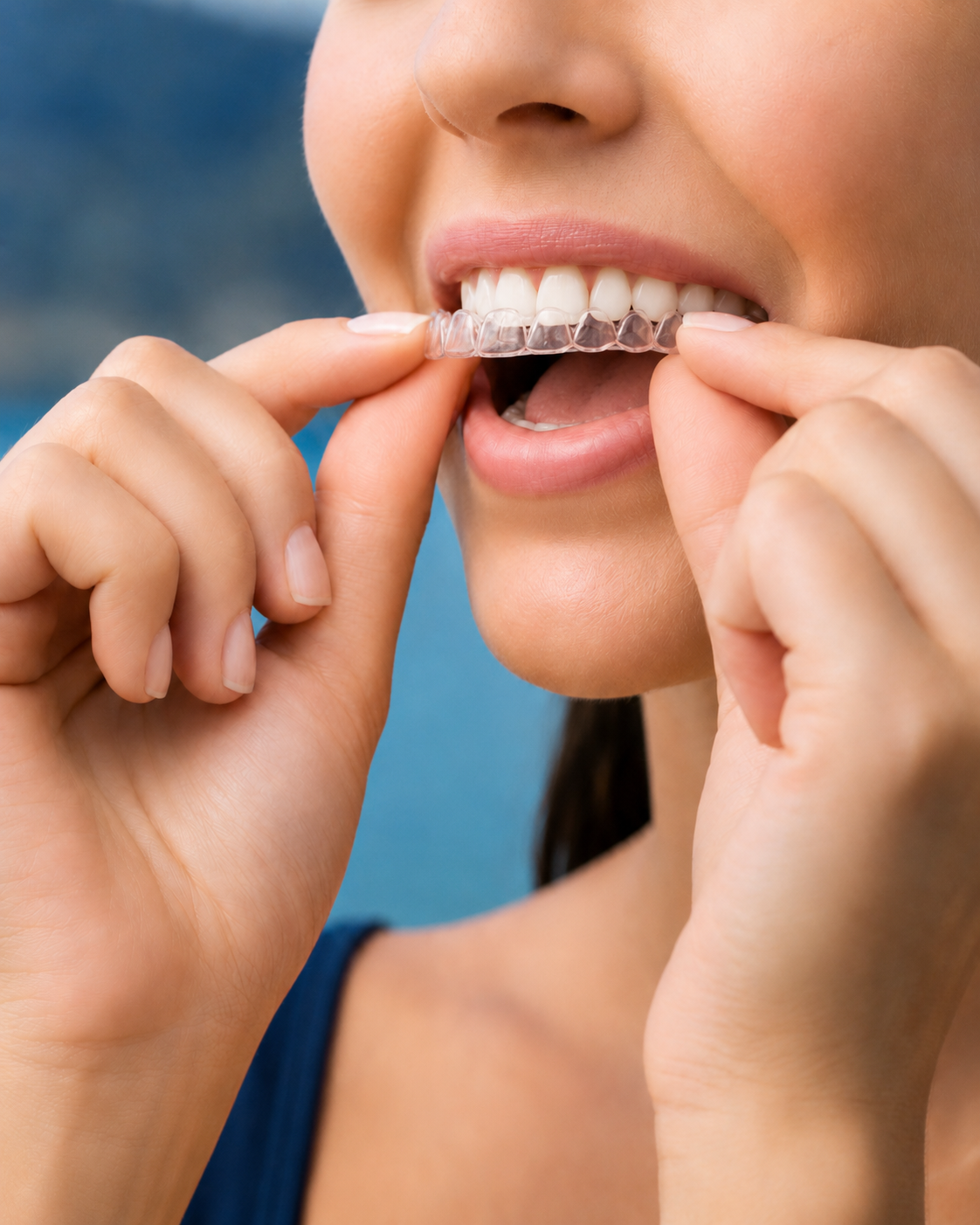 Mãos colocando o alinhador Invisalign transparente